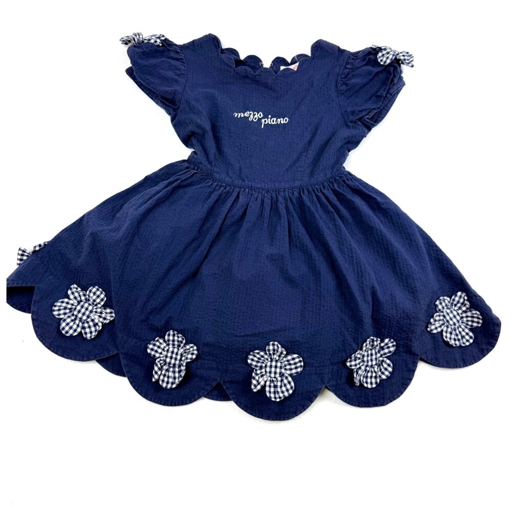 Mezzo Piano Navy Scalloped Hem Dress Gingham Floral Appliques Size 110 3T 4T